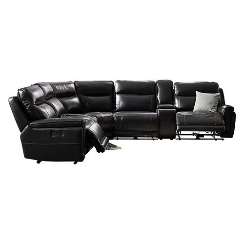 A luxurious 6 seater corner sofa in black genuine leather featuring armless recliners, showcasing plush cushions and modern design.