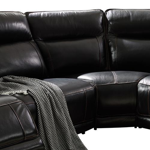 A luxurious 6 seater corner sofa in black genuine leather featuring armless recliners, showcasing plush cushions and modern design.