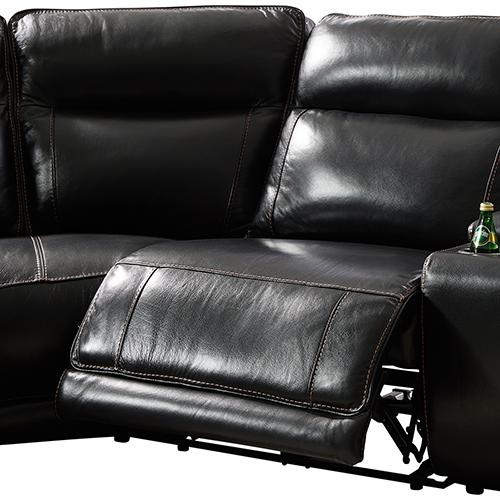 A luxurious 6 seater corner sofa in black genuine leather featuring armless recliners, showcasing plush cushions and modern design.