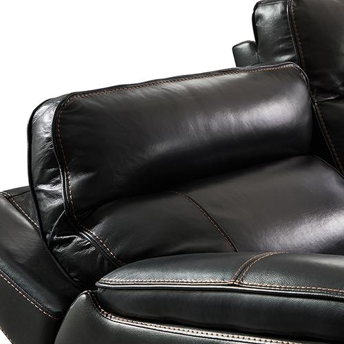 A luxurious 6 seater corner sofa in black genuine leather featuring armless recliners, showcasing plush cushions and modern design.