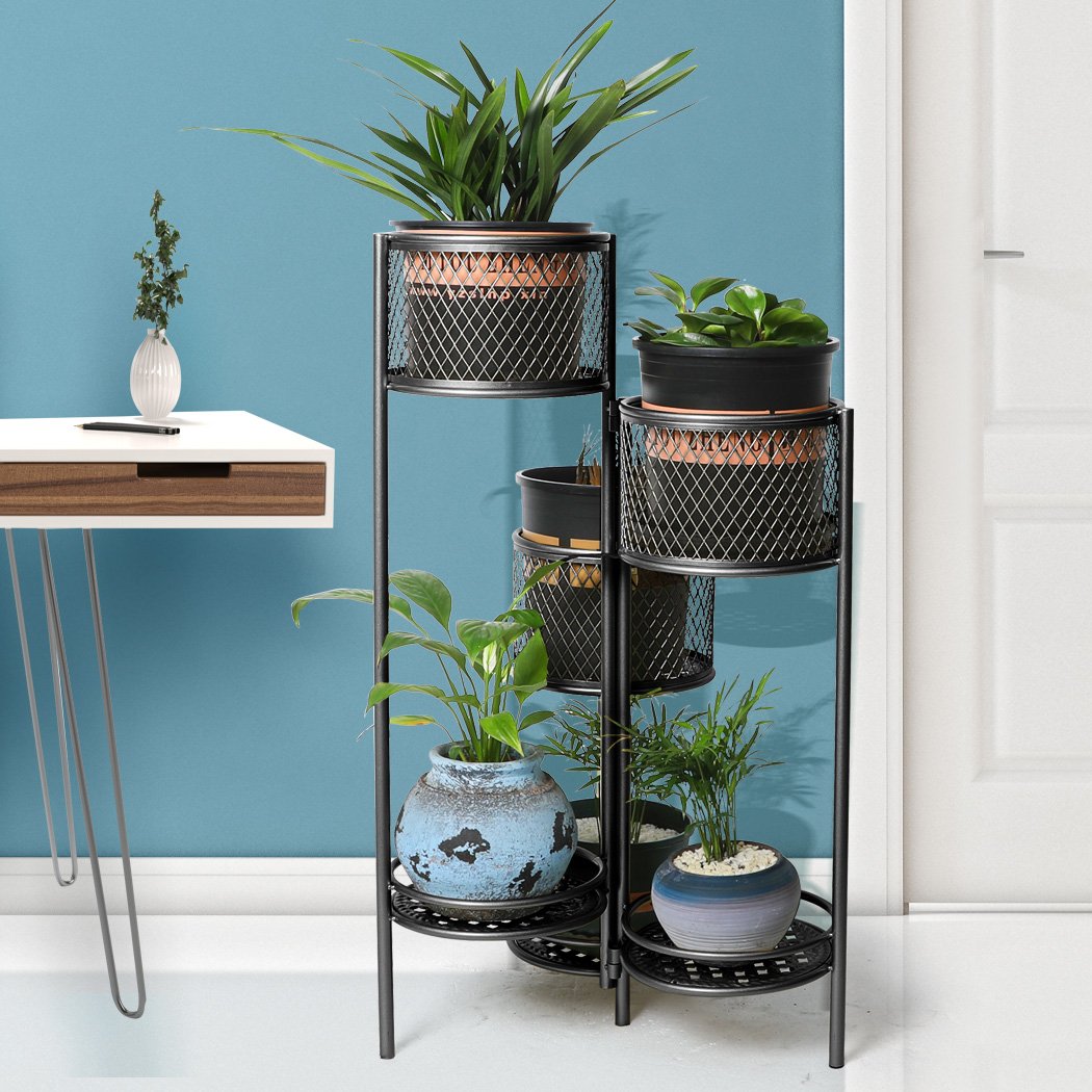 6 Tier Plant Stand Swivel made of durable metal, showcasing a stylish design with multiple tiers for displaying plants indoors and outdoors.