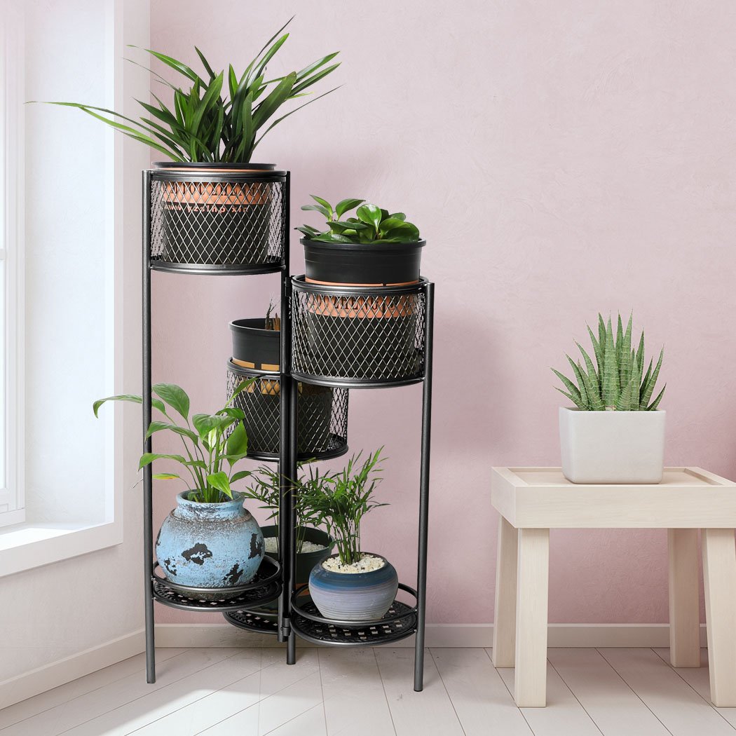 6 Tier Plant Stand Swivel made of durable metal, showcasing a stylish design with multiple tiers for displaying plants indoors and outdoors.