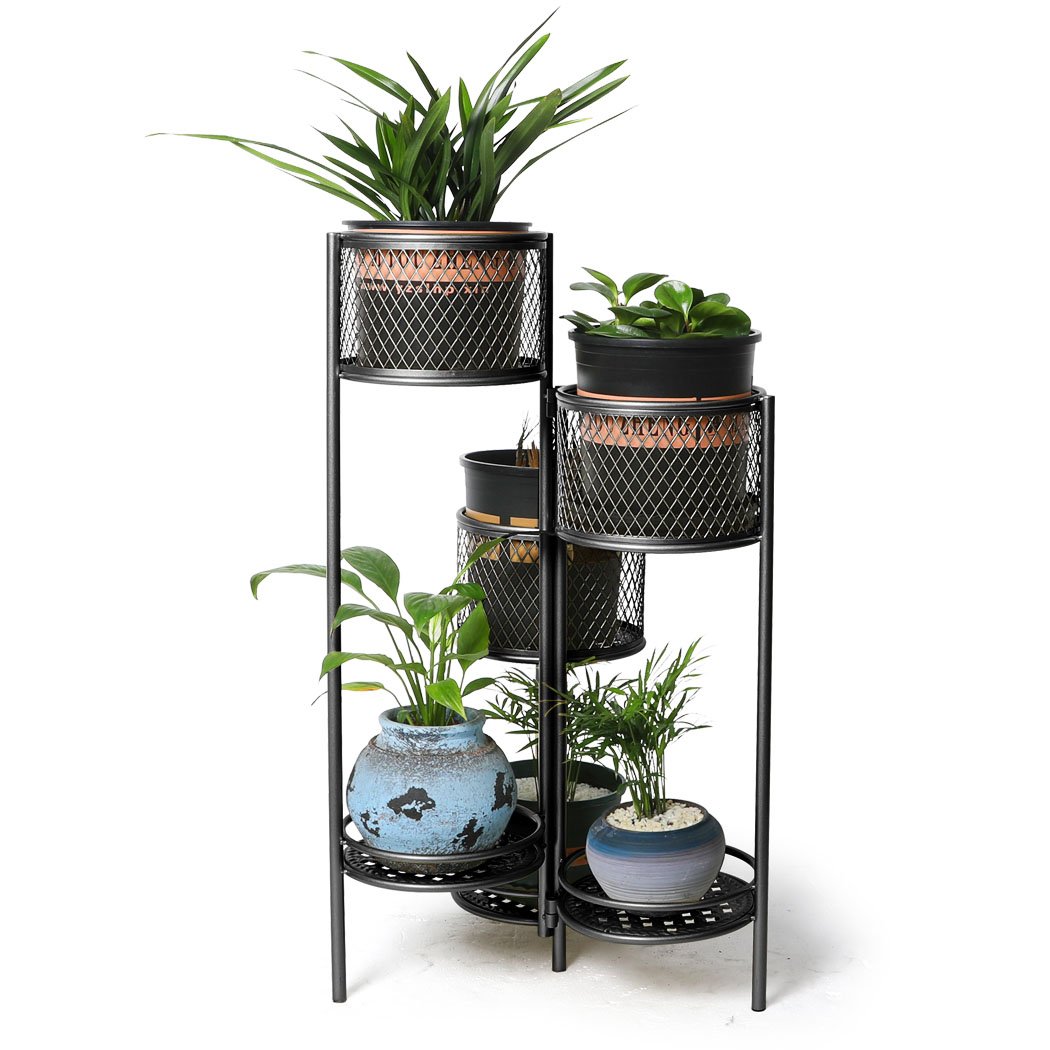 6 Tier Plant Stand Swivel made of durable metal, showcasing a stylish design with multiple tiers for displaying plants indoors and outdoors.