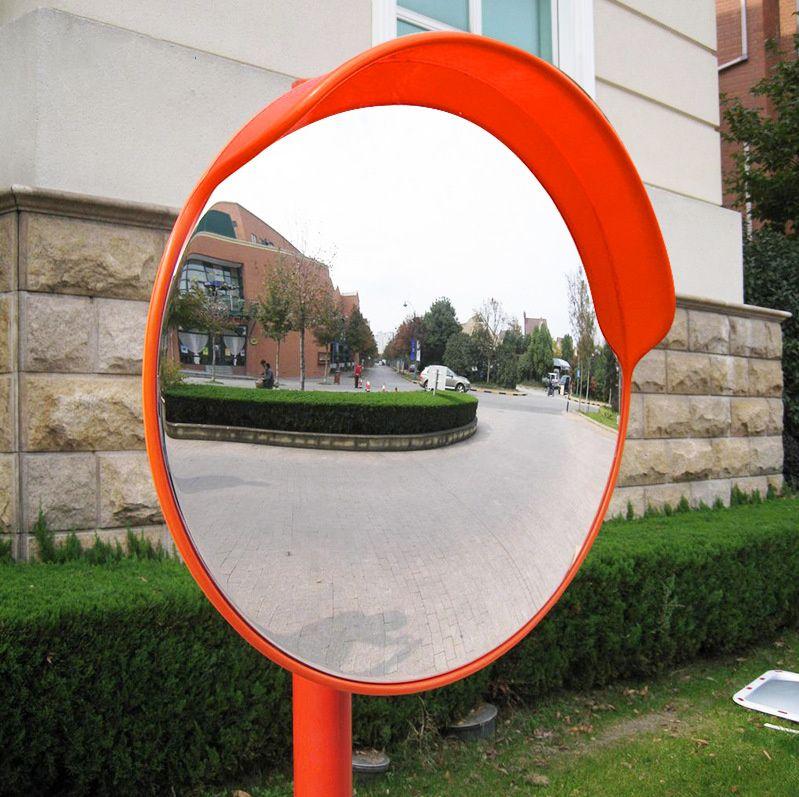 A 60cm round convex mirror designed for blind spot safety, featuring a bright orange frame and wide-angle reflective surface.