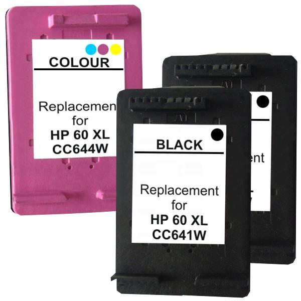 60XL Remanufactured Inkjet Cartridge Set #2 featuring two black and one color cartridge, designed for HP printers.