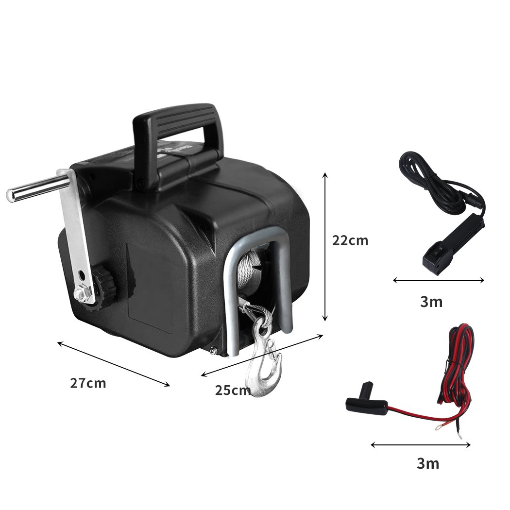 6500 LBS Electric Boat Trailer Winch with remote control and high-tensile steel cable, designed for easy boat towing.