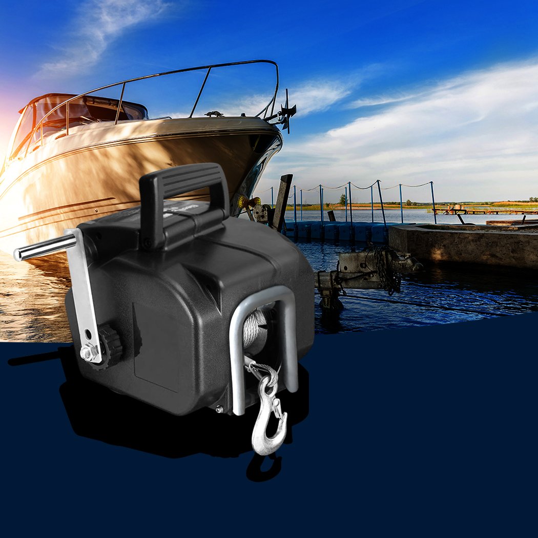 6500 LBS Electric Boat Trailer Winch with remote control and high-tensile steel cable, designed for easy boat towing.