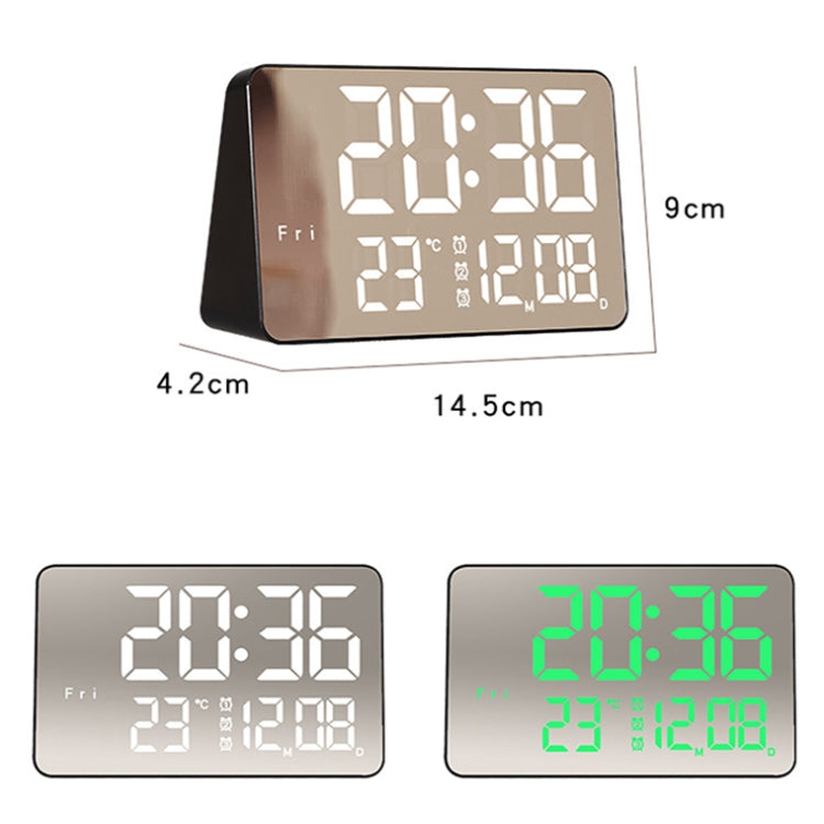 670 Mirror LED Multifunctional Temperature Alarm Clock with touch controls and display showing time and temperature.