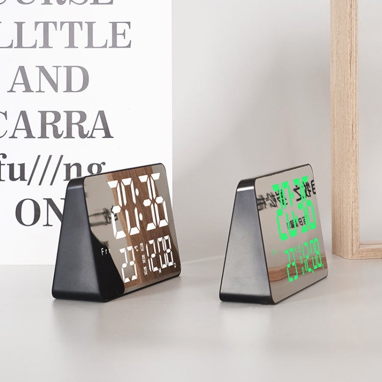 670 Mirror LED Multifunctional Temperature Alarm Clock with touch controls and display showing time and temperature.