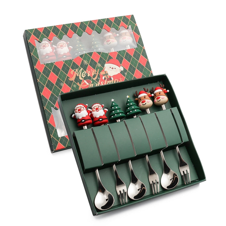 6-piece Christmas cartoon doll stainless steel tableware set featuring cute designs, including forks and spoons, perfect for festive dining.