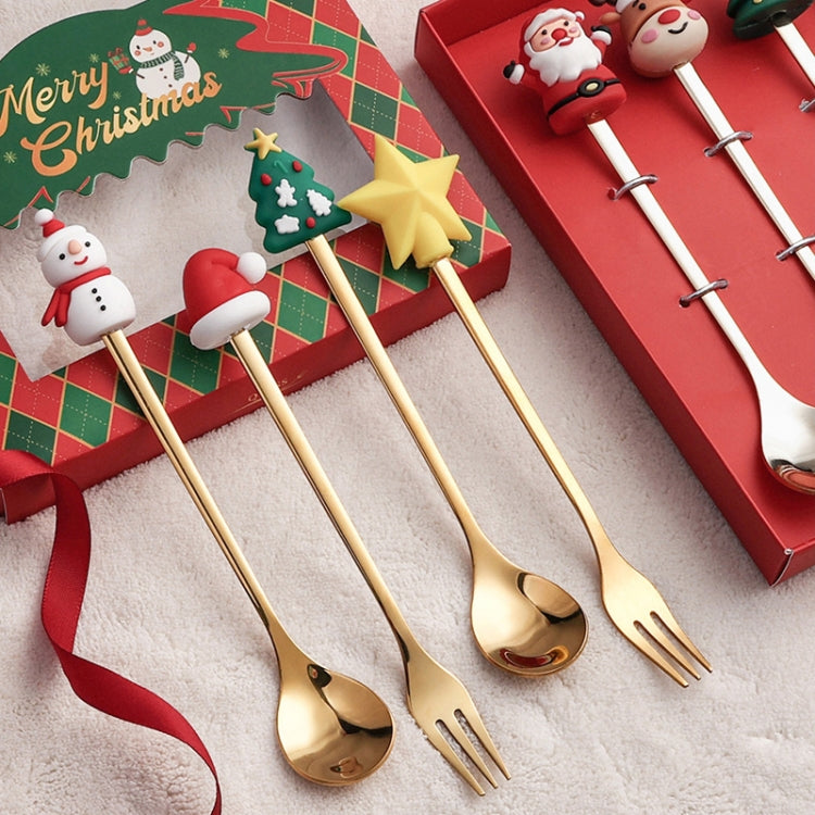 6-piece Christmas cartoon doll stainless steel tableware set featuring cute designs, including forks and spoons, perfect for festive dining.