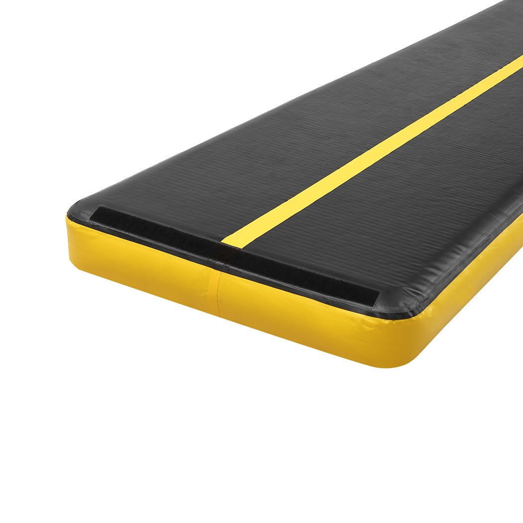 6x1M Air Track Inflatable Mat in yellow with electric air pump, showcasing its durable and anti-slip surface.