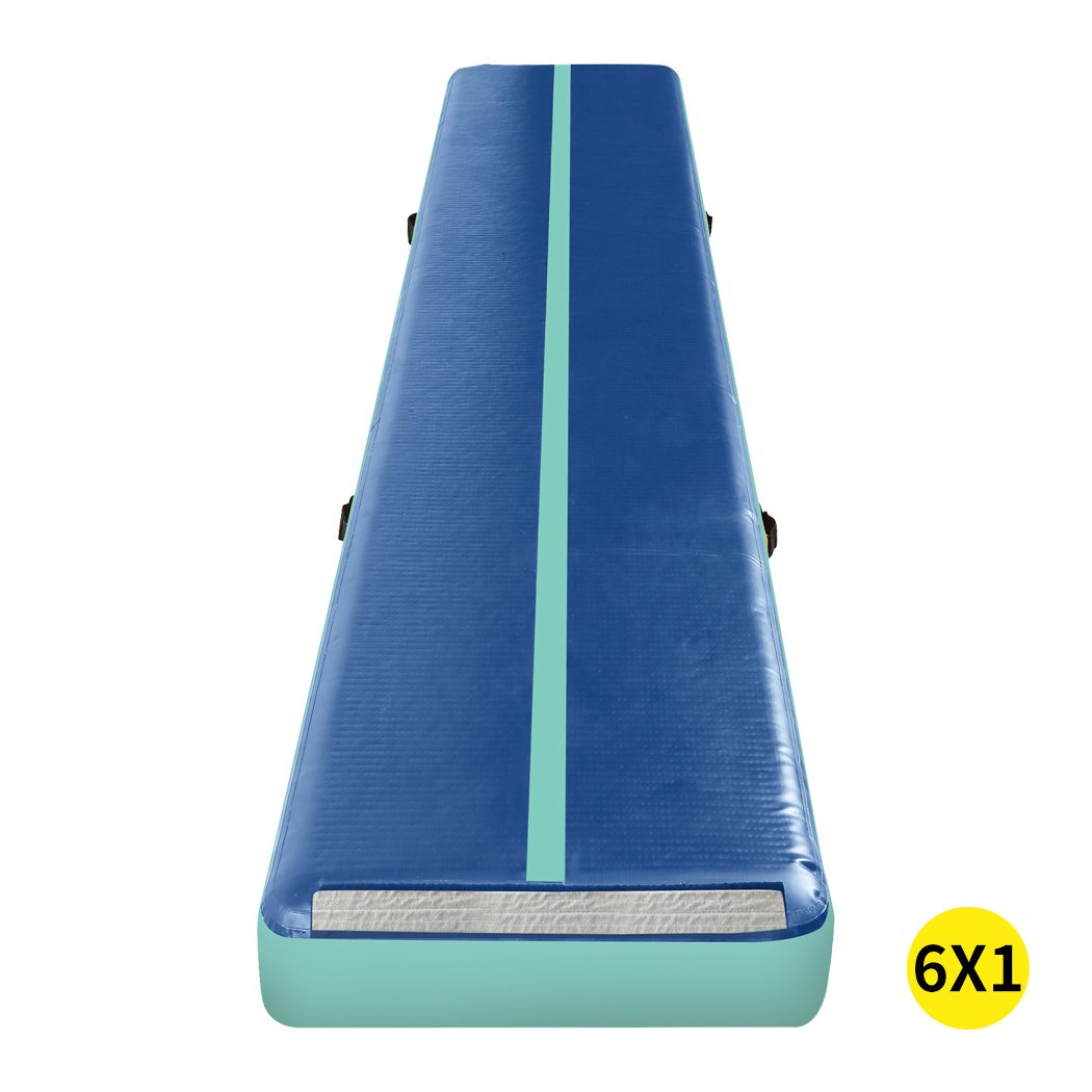 6x1M Air Track Inflatable Mat in dark blue, showcasing its durable design and electric air pump for easy inflation.