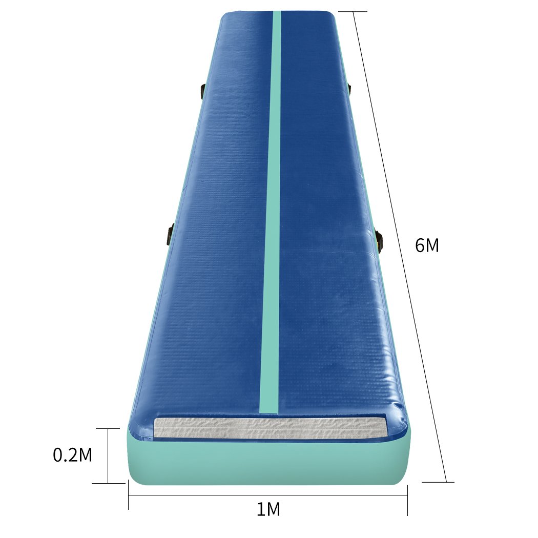 6x1M Air Track Inflatable Mat in dark blue, showcasing its durable design and electric air pump for easy inflation.