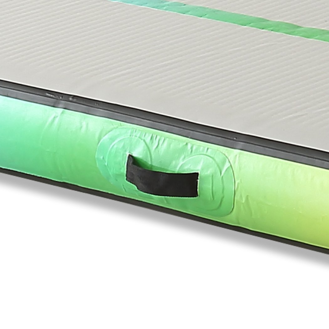 6x1M Air Track Inflatable Mat in rainbow color with electric air pump, showcasing its durable and anti-slip surface.