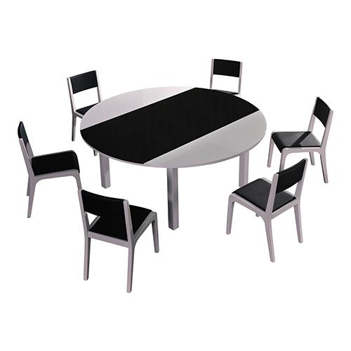 7 Pieces Dining Suite featuring a round table and six chairs in high gloss black and white finish, showcasing modern design and sturdy construction.