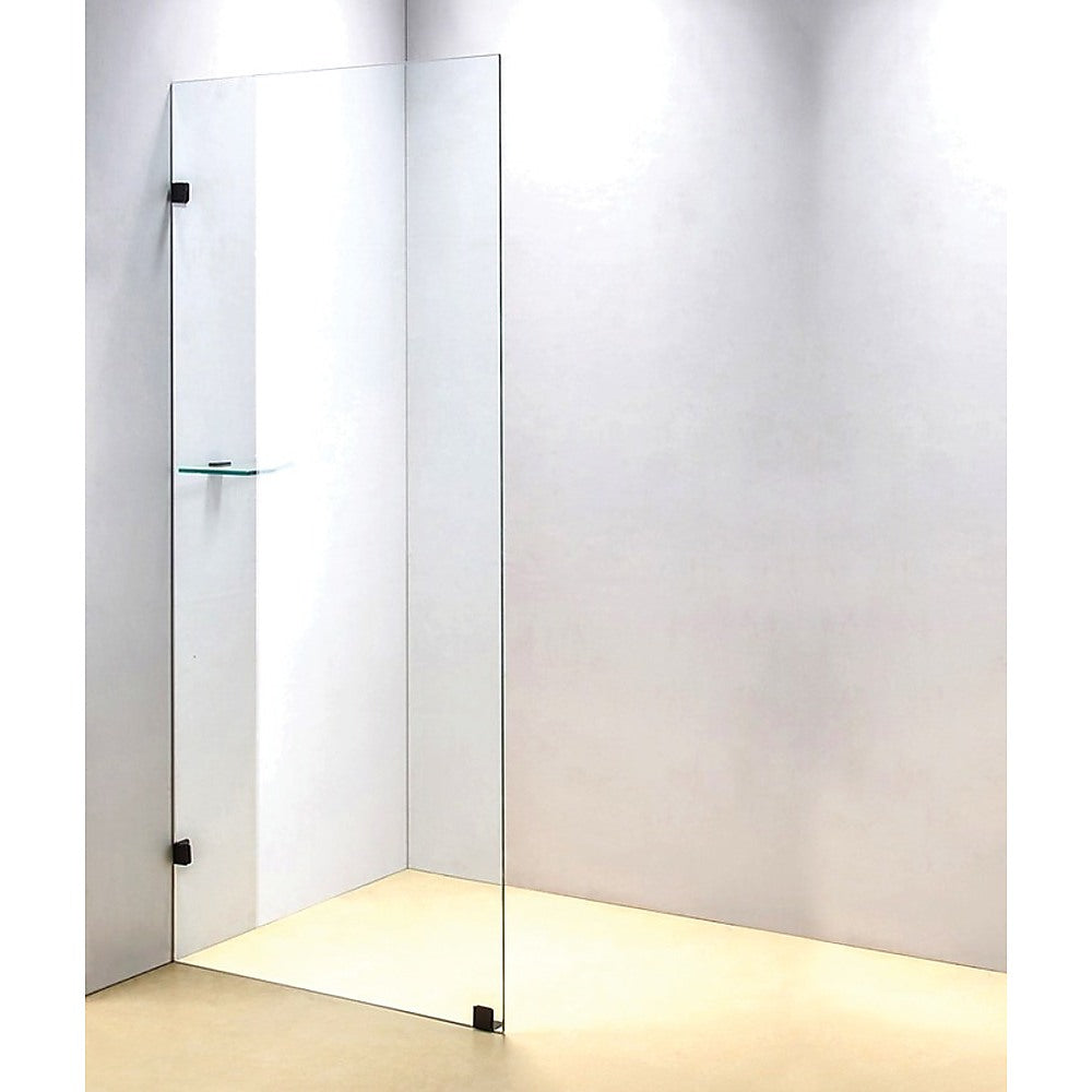 700 x 2000mm frameless shower screen made of 10mm toughened safety glass, featuring a sleek black bracket design.