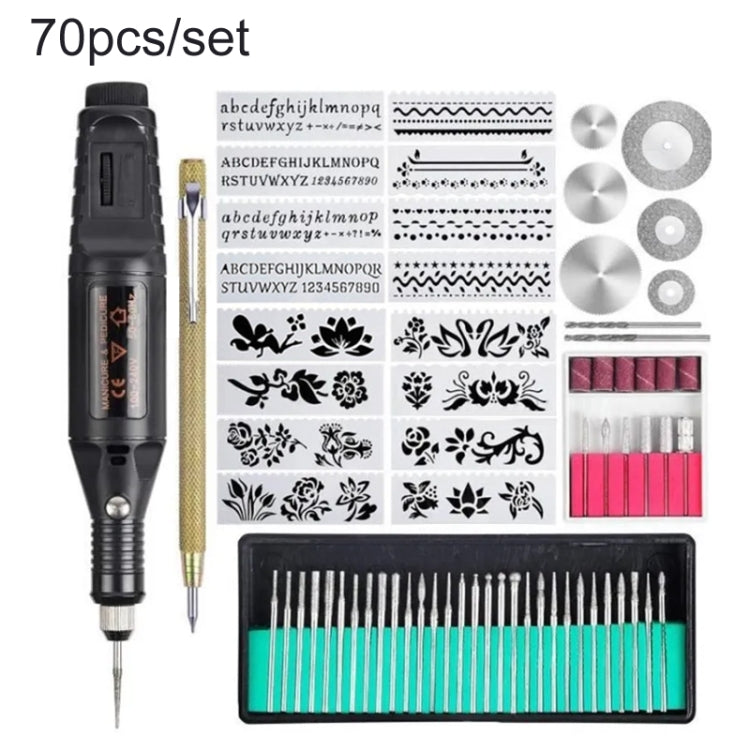 70pcs Mini Electric Speed Adjustable Engraving Pen set with various accessories for engraving and polishing.