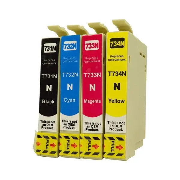 A set of four 73N Series Pigment Compatible Inkjet Cartridges in vibrant colors: black, cyan, magenta, and yellow, designed for high-quality printing.