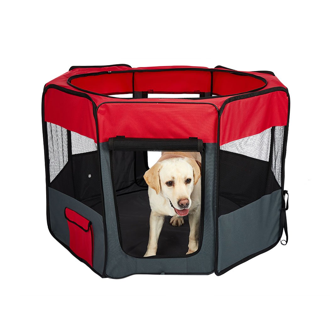 8 Panel Pet Playpen in grey, spacious and sturdy design for dogs and puppies, featuring mesh windows and a collapsible structure.