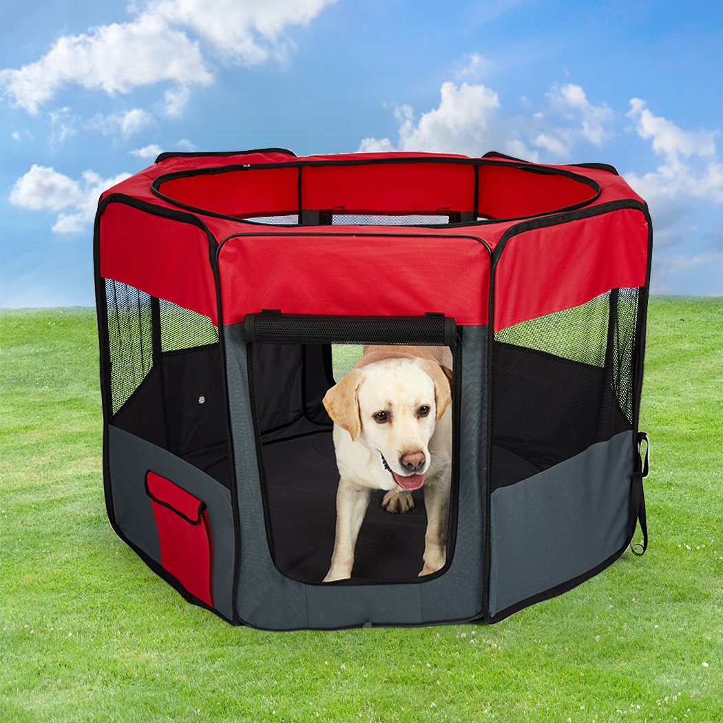 8 Panel Pet Playpen in grey, spacious and sturdy design for dogs and puppies, featuring mesh windows and a collapsible structure.