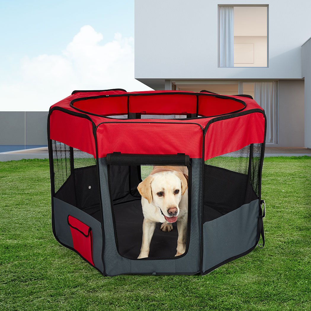 8 Panel Pet Playpen in grey, spacious and sturdy design for dogs and puppies, featuring mesh windows and a collapsible structure.