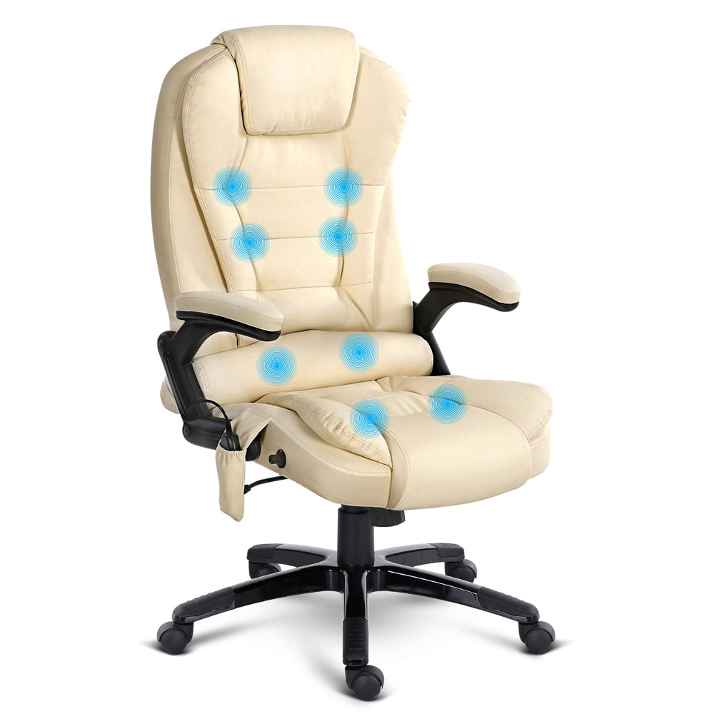 Beige 8 Point PU Leather Reclining Massage Chair with remote control and padded features for comfort.