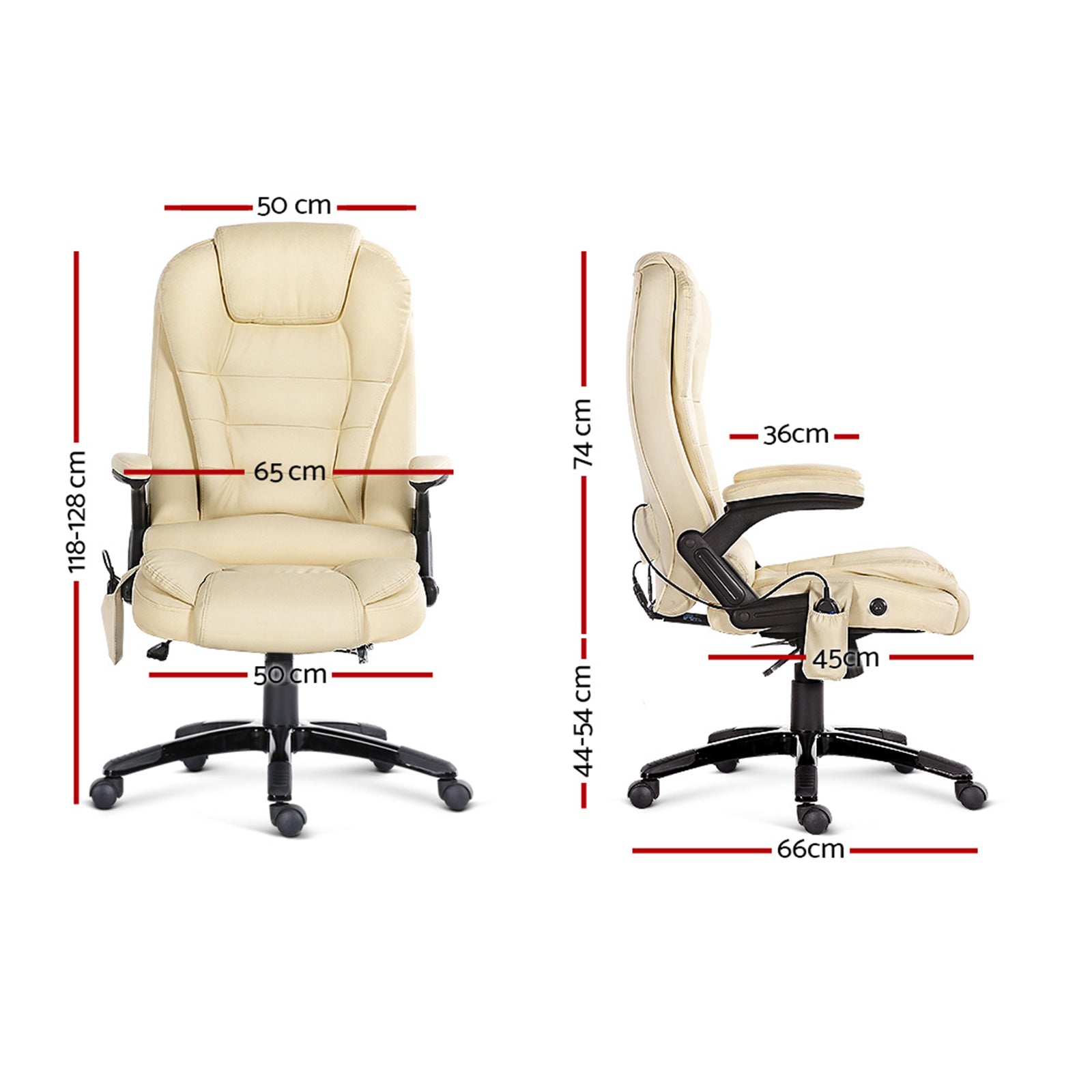 Beige 8 Point PU Leather Reclining Massage Chair with remote control and padded features for comfort.