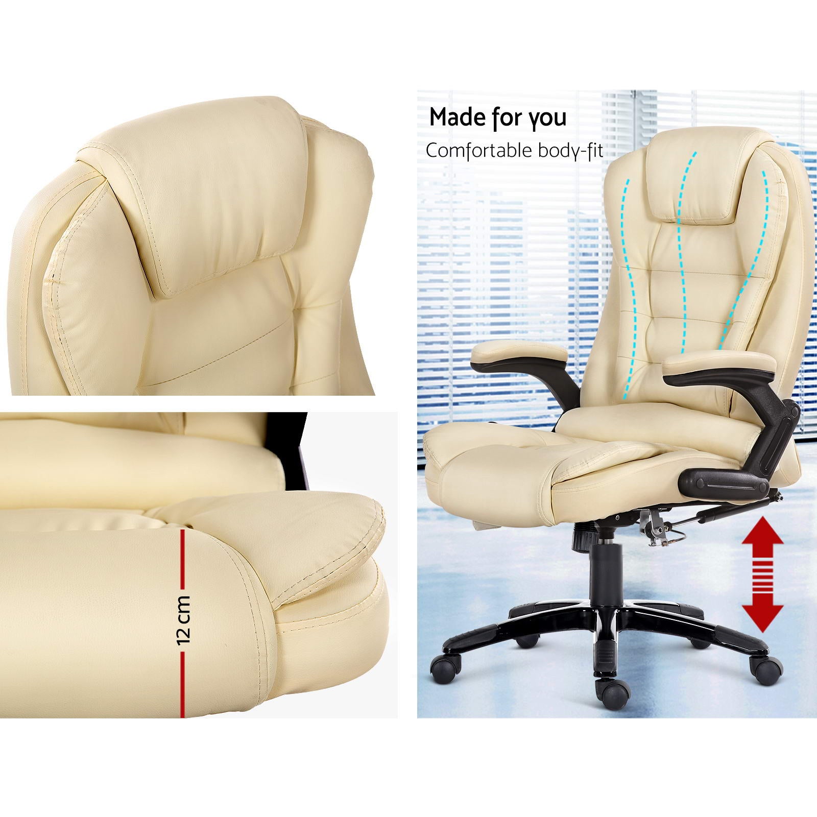 Beige 8 Point PU Leather Reclining Massage Chair with remote control and padded features for comfort.