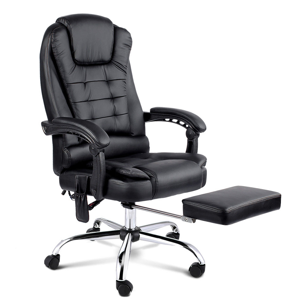 8 Point Reclining Massage Chair in Black with remote control and retractable footrest, designed for comfort and relaxation.