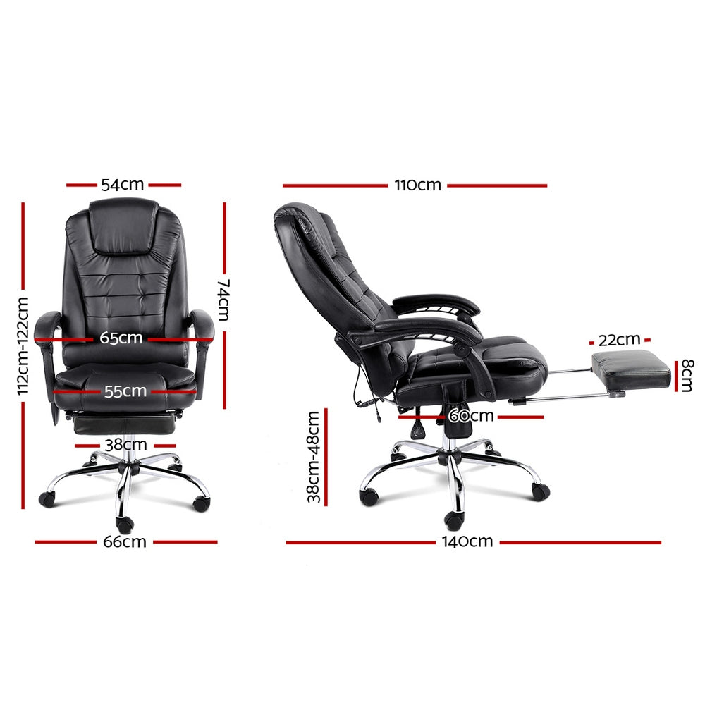 8 Point Reclining Massage Chair in Black with remote control and retractable footrest, designed for comfort and relaxation.