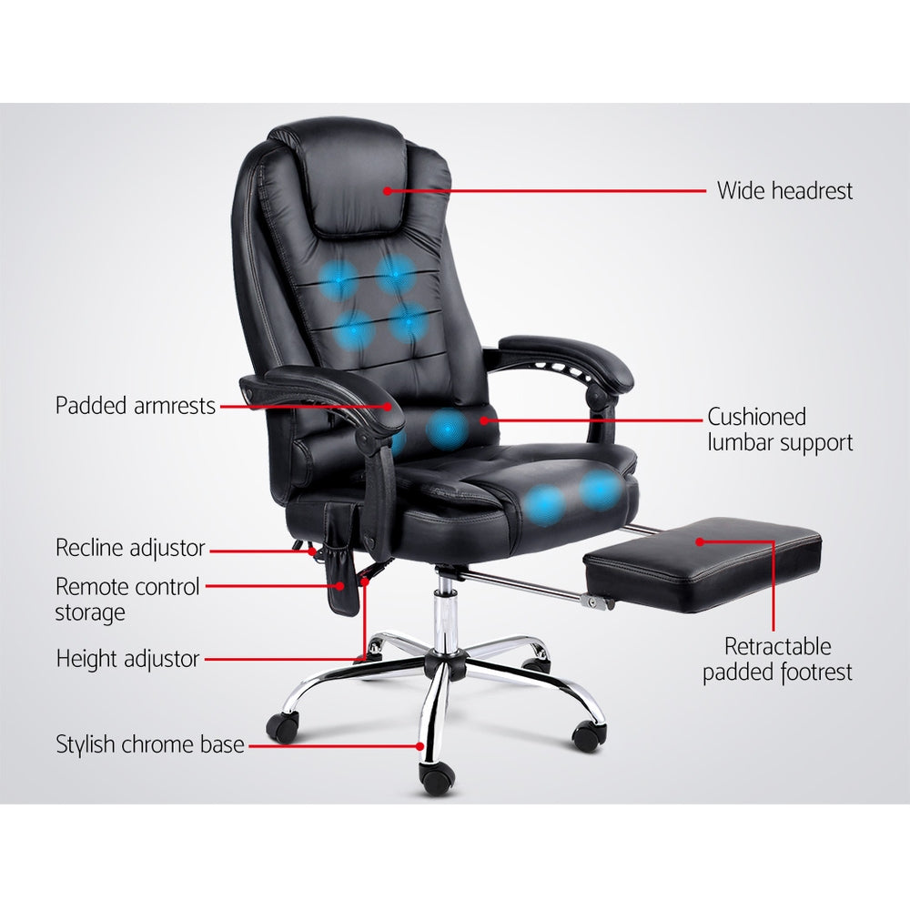 8 Point Reclining Massage Chair in Black with remote control and retractable footrest, designed for comfort and relaxation.