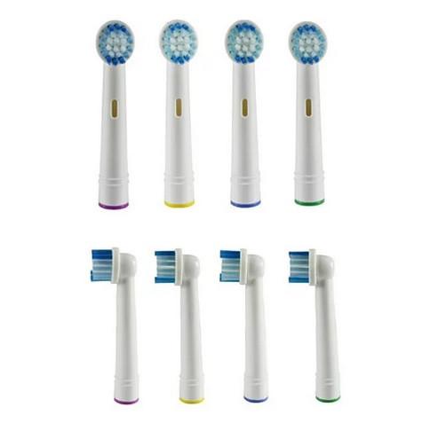 Eight replacement brush heads for Oral B electric toothbrush, featuring multi-level bristles and soft Dupont Tynex fibers for effective cleaning.