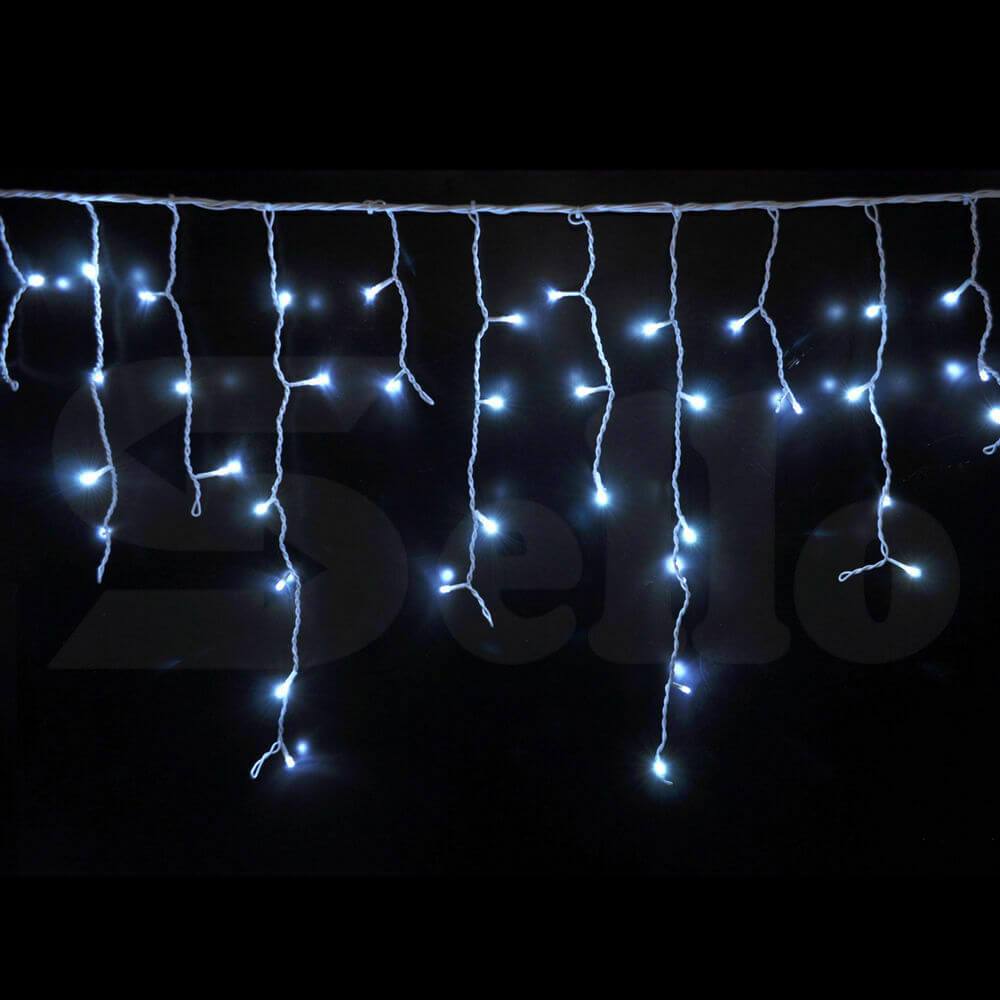 800 LED curtain fairy string lights with cool white glow, perfect for weddings and outdoor parties, showcasing multiple lighting patterns.