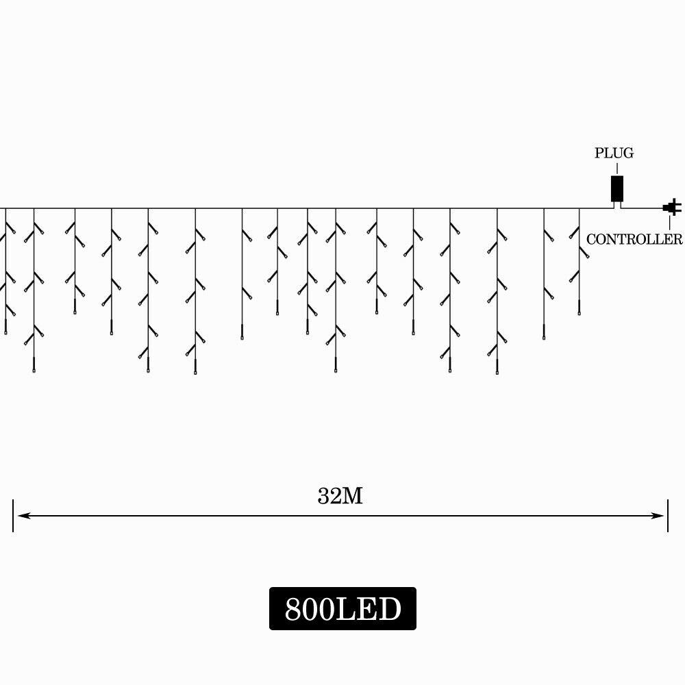 800 LED curtain fairy string lights with cool white glow, perfect for weddings and outdoor parties, showcasing multiple lighting patterns.