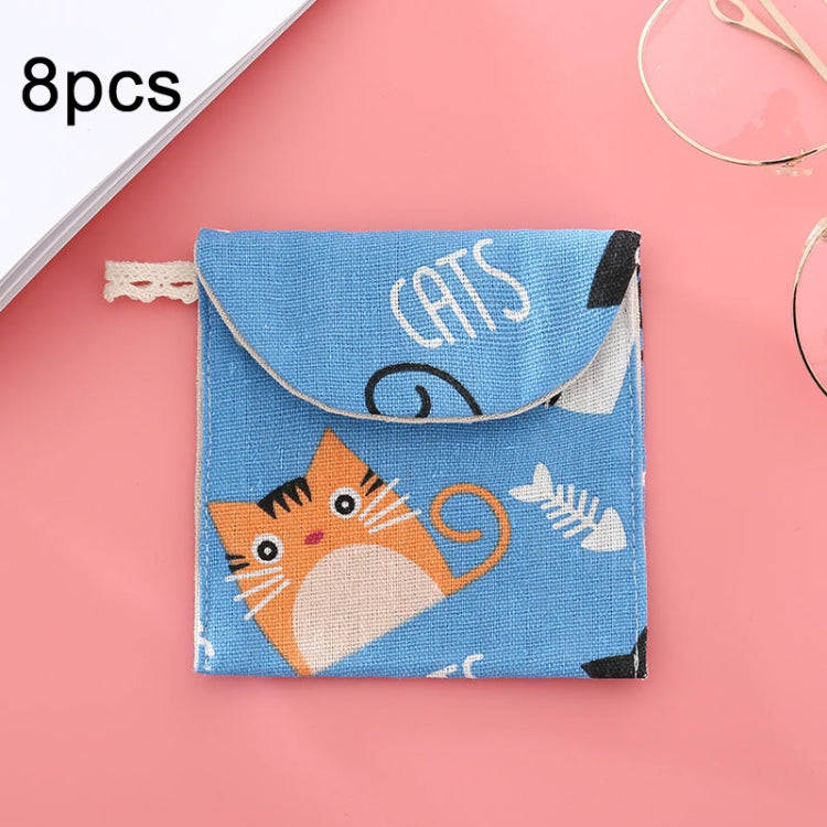 8pcs Cotton and Linen Sanitary Napkin Storage Bag featuring fun cartoon patterns and a lightweight design, perfect for storing small items.