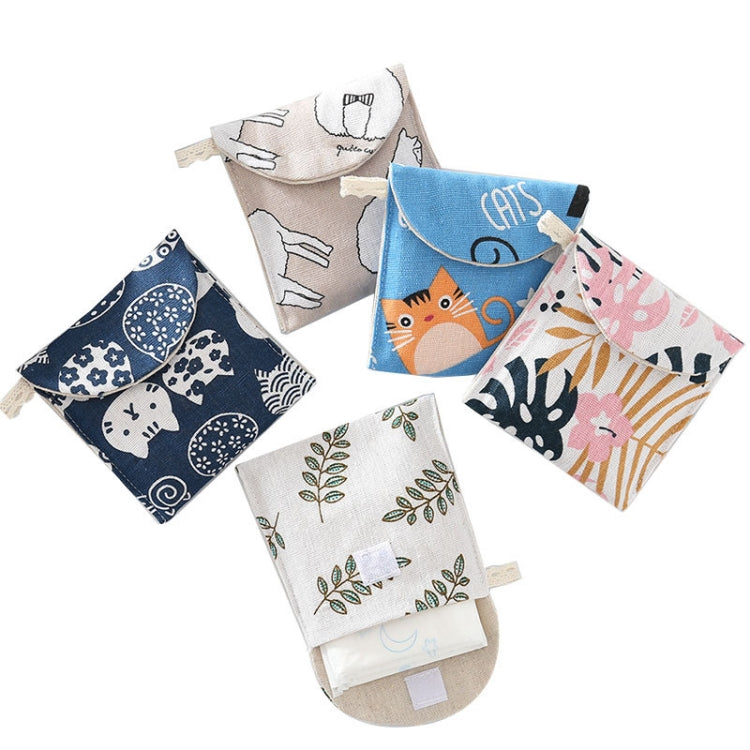 8pcs Cotton and Linen Sanitary Napkin Storage Bag featuring fun cartoon patterns and a lightweight design, perfect for storing small items.