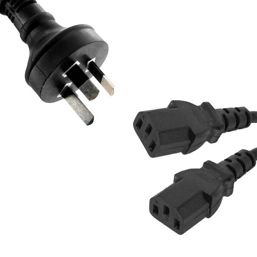 8WARE 2m 10amp Y Split Power Cable with AU/NZ 3-pin Male Plug and 2 IEC C13 Female connectors, ideal for powering multiple devices.