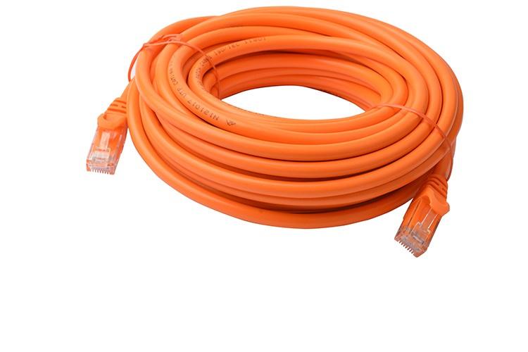 8WARE Cat6a UTP Ethernet Cable 10m in vibrant orange color, featuring a snagless design and full copper core for high-speed connectivity.