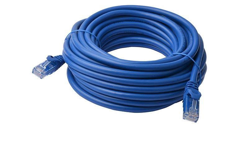 8WARE Cat6a UTP Ethernet Cable 50m in blue, showcasing its robust design and snagless connectors.