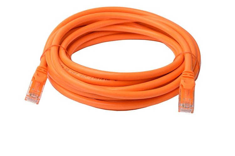 8WARE Cat6a UTP Ethernet Cable 5m in vibrant orange color, featuring snagless connectors and full copper core for high-speed connectivity.