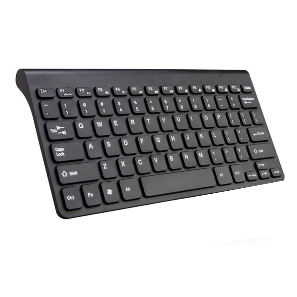 8WARE Compact Mini Ergonomic Keyboard in black with 89 keys and multimedia hotkeys, designed for comfort and efficiency.