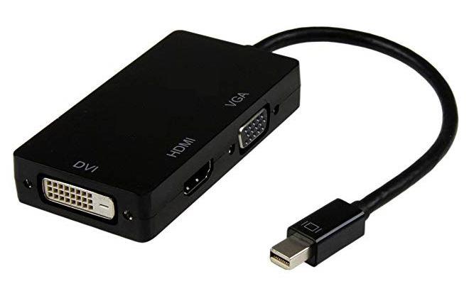 8WARE Mini Display Port Adapter with HDMI, DVI, and VGA outputs, showcasing its compact design and connectivity options.