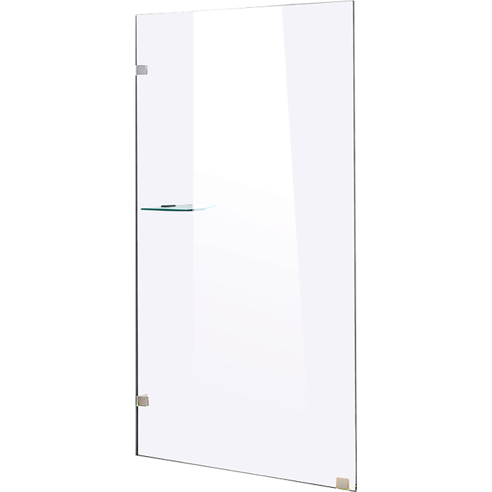 900 x 2000mm frameless shower screen made of 10mm toughened safety glass, featuring chrome clips for installation.