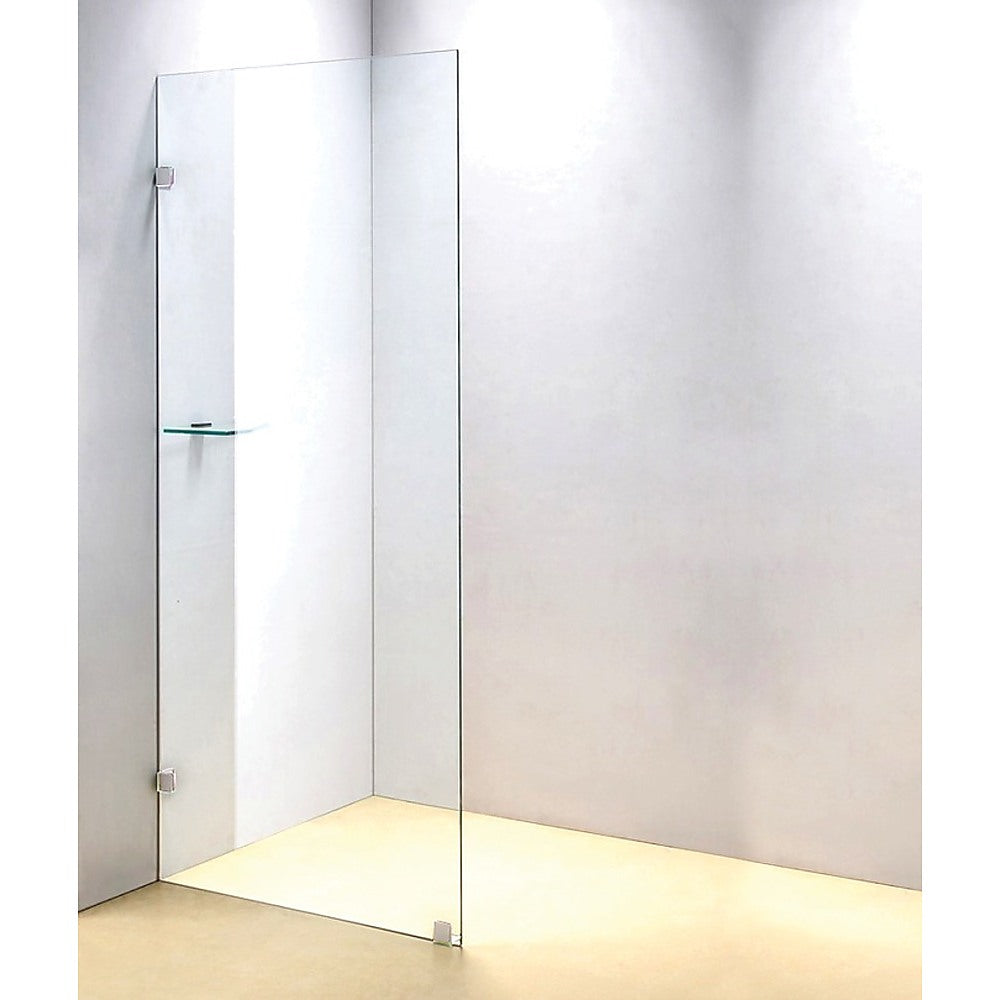 900 x 2000mm frameless shower screen made of 10mm toughened safety glass, featuring chrome clips for installation.