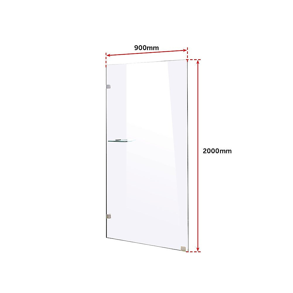 900 x 2000mm frameless shower screen made of 10mm toughened safety glass, featuring chrome clips for installation.