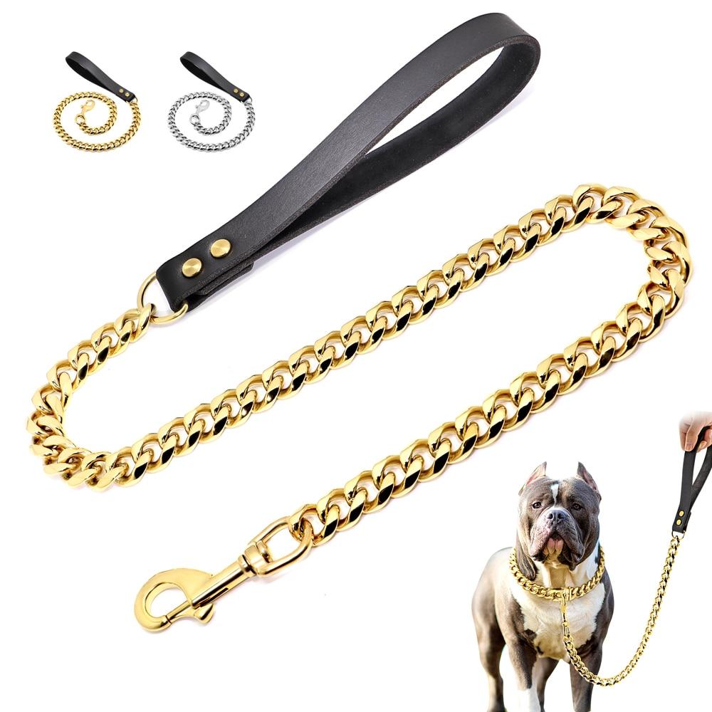 A 90cm durable dog chain leash featuring a soft leather handle and heavy-duty chrome rope, ideal for training and walking dogs.