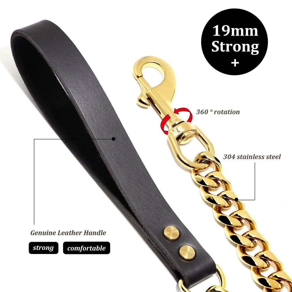 A 90cm durable dog chain leash featuring a soft leather handle and heavy-duty chrome rope, ideal for training and walking dogs.