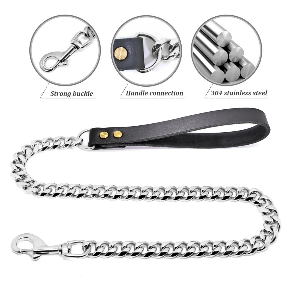 A 90cm durable dog chain leash featuring a soft leather handle and heavy-duty chrome rope, ideal for training and walking dogs.