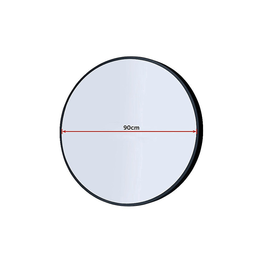 90cm Round Wall Mirror by Della Francesca with a sleek black frame, showcasing its contemporary design and clarity.